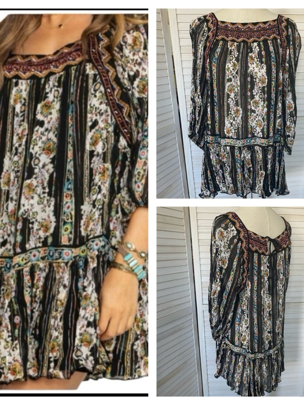 Free People Boho Floral Embroidered Dress/Tunic in Black Multi Metallic SZ S